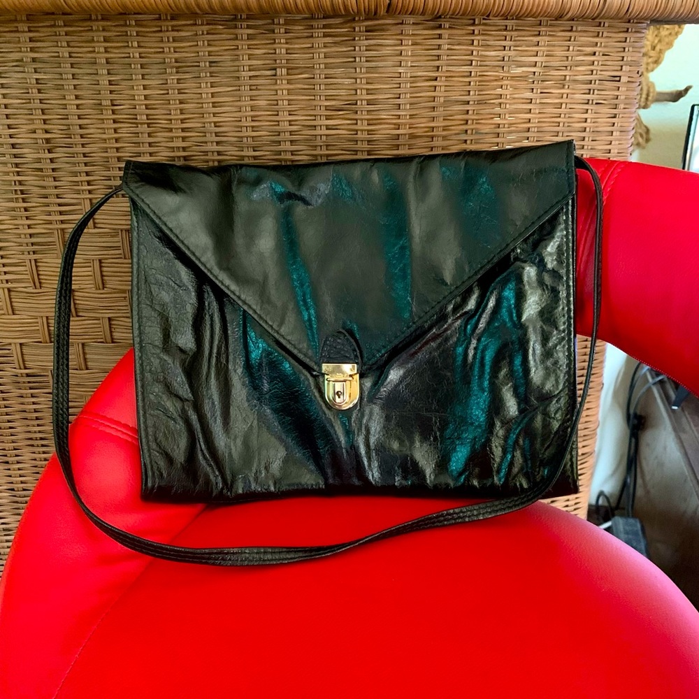80s vintage black leather shoulder/clutch bag - Picture 1 of 7